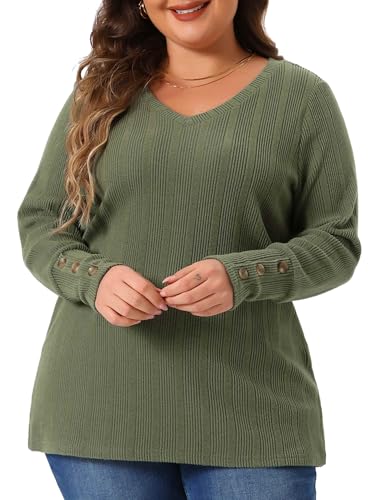 Image of Agnes Orinda Plus Size Knit Tops for Women Long Sleeve V Neck Button Stretch Casual Pullover Sweater Blouses
