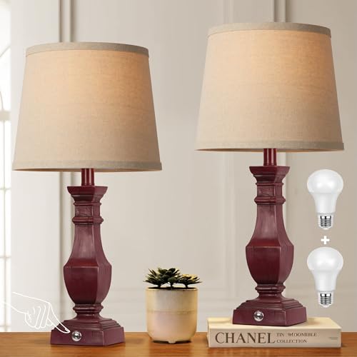 ROTTOGOON Dimmable Table Lamps Set of 2 Rustic Farmhouse Table Lamps for Living Room Bedroom Bedside Desk Lamps for end Tables Touch Lamps for nightstand 9W Bulbs Included 22 Antique Red