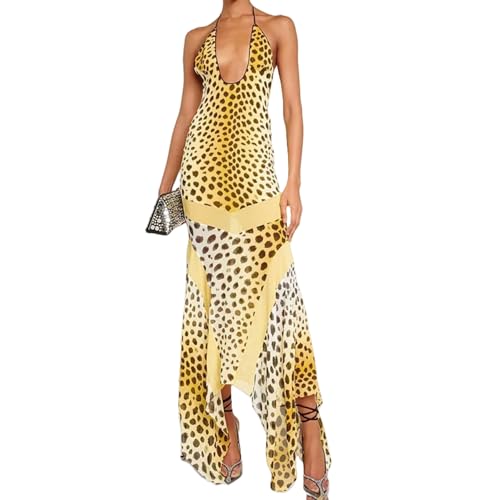 Image of Women's Sexy Halter Backless Leopard Print Maxi Dress Irregular Hem Low Cut Long Dress Party Vacation Dress