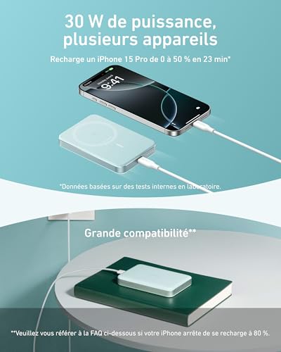 Anker MagGo Powerbank, Batterie magnétique Ultra Fine 10 000 mAh, certifiée Qi2, Portable, Chargeur Compatible MagSafe Ultra Rapide 15 W, Design Ergonomique, Uniquement pour iPhone 15/14/13/12