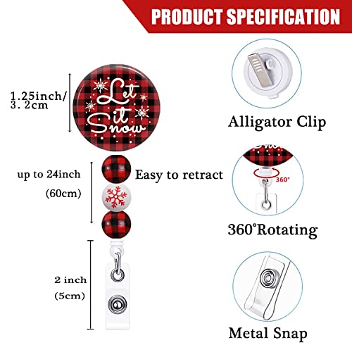 Tian Zhun BR-328 Winter Badge Reel Retractable Id Clip With Beads Let It Snow Buffalo Plaid Snowflake Name Id Badge Holder Christmas Badge Clip Holiday Nurse Office Staff Student Alligator Clip thumb #1