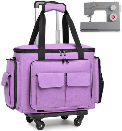 Estojo para máquina de costura com rodas - Bolsa rolante para máquina de costura com almofada inferior removível e vários bolsos de armazenamento, compatível com Singer & Brother (Roxo)