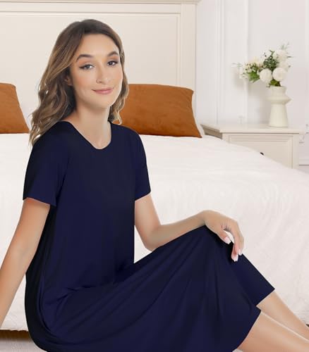 Image of NACHILA Nightgowns for Women-Viscose Made from Bamboo, Short Sleeve Nightshirts Cool Sleep Dress Long Sleep Shirt