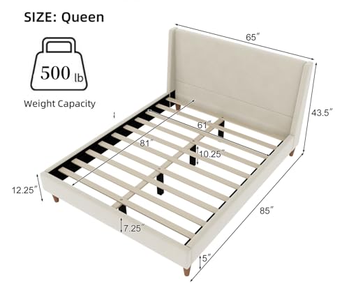 Image of Merax Velvet Queen Size Bed Frame with Wingback Headboard, Solid Wood Upholstered Platform with Round Legs, No Box Spring Needed, Beige