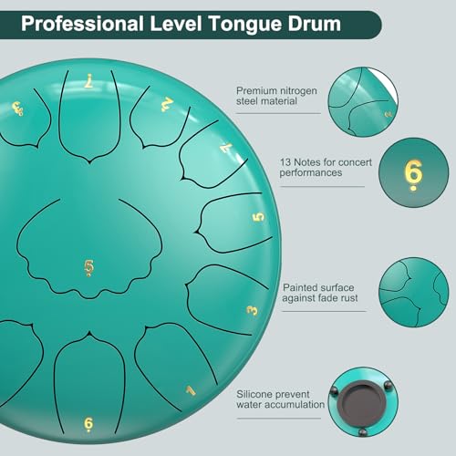 Image of D Major Steel Tongue Drum Handpan, 12 Inch 13 Note Rain Drum for Outside Garden, Meditation Rain Chime, Musical Percussion Instrument for Adult Gift with Bag, Music Book, Drum Mallets (Lake Blue)