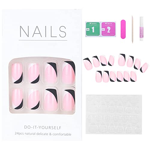 24 Pcs Press on Nails Short, Luvehandicraft Glossy Fake Nails Coffin, False Nails with Glue for Women and Girls (Black Mixed White)