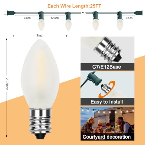 Image of C7 LED Frosted White String Lights Outdoor 25Ft Christmas Decorations String Lights with 27 LED Frosted White Bulbs Hanging Vintage Christmas Lights for Outdoor Patio Garden Backyard Roofline, Green
