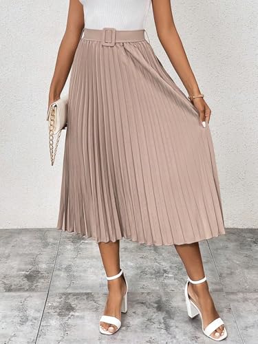 Solid Belted Pleated Skirt Maxi Basic Women's Summer Casual Vinage Skirt4
