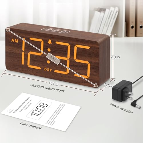 Image of DreamSky Wooden Digital Alarm Clock for Bedroom with Large Numbers | Desk Clock for Living Room Office, Loud Alarm for Heavy Sleepers Adults, Volume Control, Dimmer, DST, Wood Decor (Plug-in)