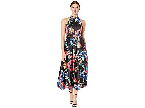 Tahari ASL Women s Sleeveless Mock Neck Halter Dress, Painted Blooms Black, 8