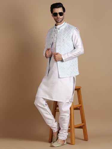 Image of men's Silk Blend Kurta Pejama & Waistcot Set