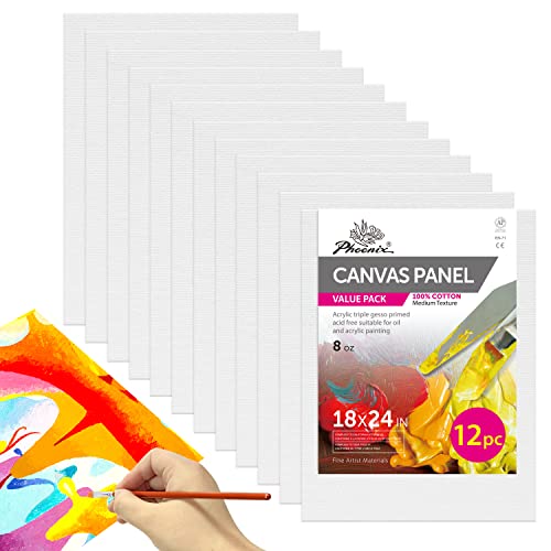 Phoenix Painting Canvas Panels 18X24 Inch, 12 Bulk Pack - 8 Oz Triple Primed 100% Cotton Acid Free Canvases For Painting, White Blank Flat Canvas Boards For Acrylic, Oil, Watercolor & Tempera Paints #TOP18