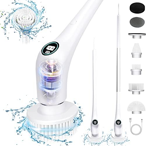 Electric Spin Scrubber, Electric Bathroom Scrubber with 6 Replacement Head, Dual Speed Shower Scrubber for Cleaning with Long Handle, Cordless Cleaning Brush Power Scrubber for Bathroom, Tub, Tile