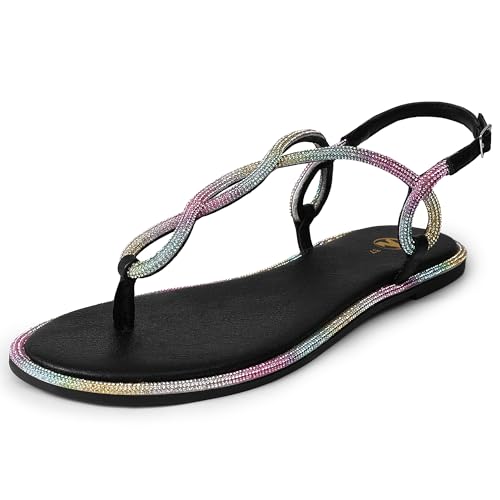 festooning Womens Flat Sandals Summer T-Strap Thong Casual Comfortable Dress Sandals for Women Colorful Size 3