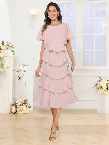 BOLENSYE Mother of The Bride Dresses for Women with Sleeves A Line Tiered Chiffon Tea Length Wedding Guest Dress3
