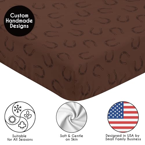 Image of Sweet Jojo Designs Fitted Baby Crib Sheets (Horseshoe Print) for Boys or Girls, Infant Nursery, Toddler Room - Standard Size (Brown for the Western, Cowboy, Southern, Country, Wild West Collection)