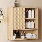 Cooday Fluted Bathroom Wall Cabinet, Modern Medicine Cabinet with Sliding Door, Storage Cabinet Wall Mounted for Kitchen Dining Room Living Room, Natural Oak