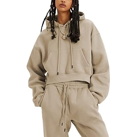 Lentta Women's Sweatsuit 2 Piece Outfits Fleece Crop Hoodies Pullover Sweatshirt Sweatpants Pockets Tracksuit Set(Khaki-S) Cover