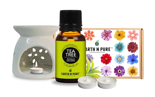 Image of Earth N Pure Ceramic Diffuser Burner with 10Ml Tea Tree Essential Oil | 2 Tea Light Candles | Perfect for Gift Set