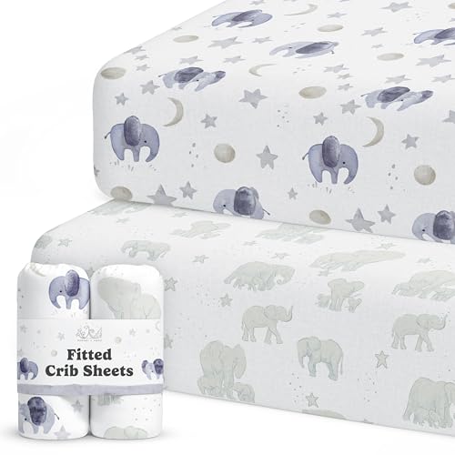 Image of Crib Sheets Neutral - Fitted Baby Crib Sheets Bed for Girl Boy - 2 Pack Standard & Toddler Mattress (Watercolor Elephants) - Buttery Soft Organic Cotton Blend