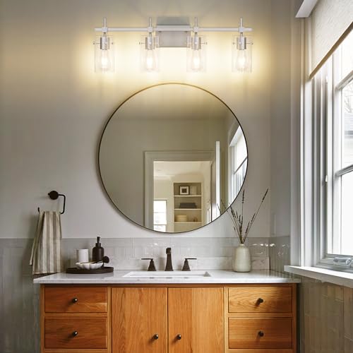 Image of SOLFART 4 Light Bathroom Vanity Lights Bathroom Lights Over Mirror Vintage Bath Lighting Brushed Nickel Wall Sconce with Glass Shade