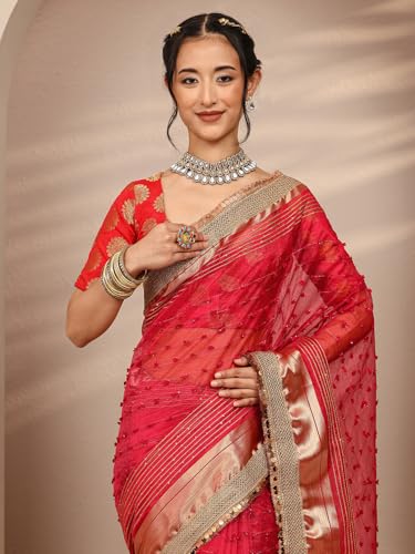 Image of Libas Woven Design Chanderi Silk Saree for Women With Unstitched Blouse Piece | Traditional Saree for Party & Wedding