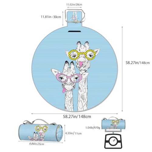 Shimoshe Giraffe with Glasses Picnic Outdoor Blanket Foldable Waterproof Sandproof Beach Blanket Portable Water-Resistant Round Picnic Mat for Travel Camping Park Lawn