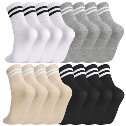 Image of Jspupifip 8 Pair Striped Athletic Crew Socks Running Socks for Men Women | Moisture-Wicking, Soft Stretchy Casual Mid Calf Socks Size 5-8, Breathable Casual Gym Socks