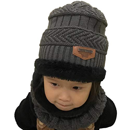 Kids Knitted Hat and Scarf Set Winter Fleece Lining Wool Beanie Hat Neck Warmers (Gray)