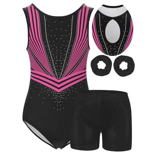MOLLDAN Girls Gymnastics Leotard Athletic Biketard Unitard Tumbling Activewear Outfits for kids(No diamond) Rose-red Set 9-10 Years