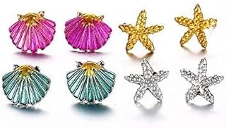 4 قطع من الأقراط شل نجم البحر - مزيج ، للأنثى، فضة مطلي- متعدد الألوان