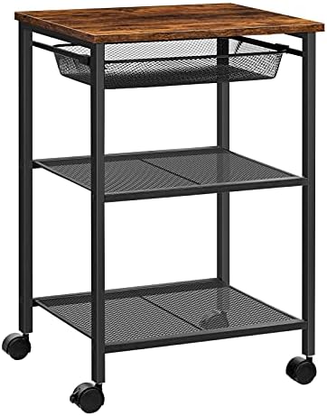 HOOBRO Printer Stand, 3-Tier Machine Cart with Adjustable Mesh Drawer, Heavy Duty Storage Rack on Wheels,for Home Office, Rustic Brown BF23PS01