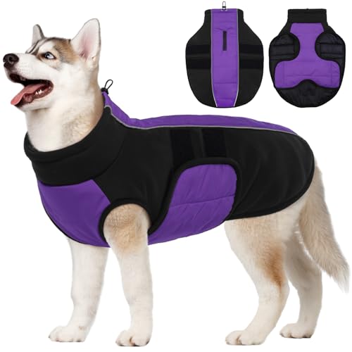Kuoser XXXL Dog Coat, Dog Jackets for Large Dogs, Reflective Pet Winter Coat Cold Weather Coats, Doggie Snow Jacket Warm Apparel Clothes for Great Dane, Purple XXXL XXXL (Chest Girth: 35.4-4