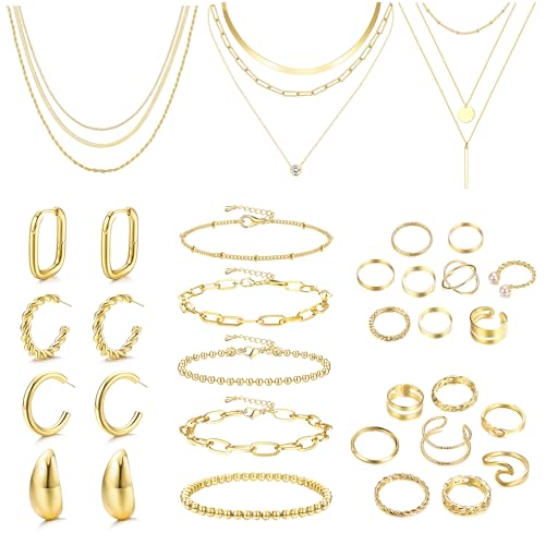 Morfetto Ensembles de Bijoux en Or pour Femmes Boucles d'oreilles Créoles en Or Épaisses à la mode Accessoires en or Ensemble Collier et Bracelet en or Pack...