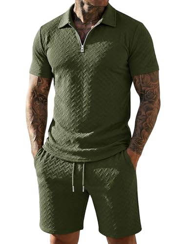 Image of URRU Mens Textured Polo Shirt and Shorts Sets Outfits 2 Piece Summer Tracksuits Casual Quarter Zip Golf Polo Shirts