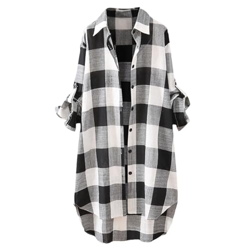 Generisch Damen Lange Karo-Tunika im Oversized-Look - Lässiges Hemdblusenkleid in Schwarz-Weiß | Vielseitiges Boyfriend-Hemd für den Lagenlook