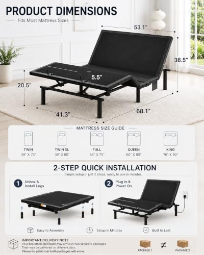 Image of Marsail Adjustable Bed Frame Full with Mattress Set, Adjustable Bed Base