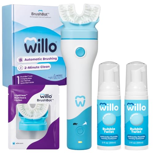 Image of Willo BrushBot Kids U-Shaped Toothbrush Starter Kit - Automatic Toothbrush for Kids, 2 Minute Timer, App Connectivity, Soft Bristles, Rechargeable, Plaque Removal - Small Bubble Dye-Free