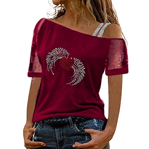 Briskorry Tunique pour femme - Noir - Manches courtes - Décontracté - Dentelle épaules dénudées - T-shirt sexy creux - Paillettes - Coupe droite - T-shirt basique