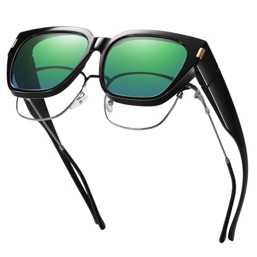 HAOLOTA Polarized Fit Over Glasses Sunglasses for Women Men Trendy Square Wrap Around Shades UV Protection L Size 19 Black/Green