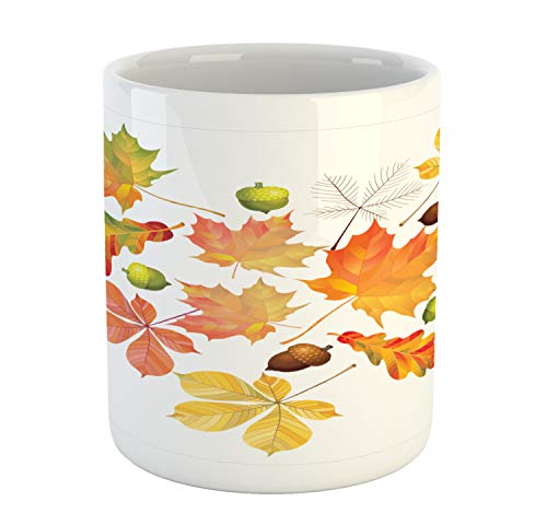 Best Review Ambesonne Natural Color Mug, Autumn Love Themed Heart Shape from Fallen Leaves and Acorns Print, Ceramic Coffee Mug Cup for Water Tea Drinks, 11 oz, Marigold White