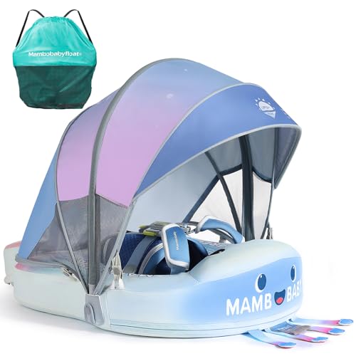 Mambobaby Float with Canopy Skin-Friendly Baby Swim Float with Tail Waterproof Non-Inflatable Mambo Float Smart Swim Trainer Soft Solid Infant Pool Float 3-24 Months Baby Swim Ring