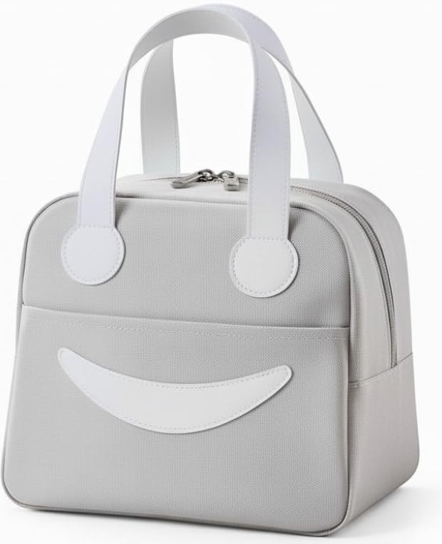 CILOX Thermal Lunch Bag for Office with Smile Design, with White Handles, Compact Meal Bag (Grey)