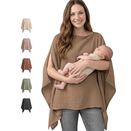 Image of Konssy Muslin Nursing Cover for Breastfeeding, 360° Full Privacy Breathable 100% Cotton Breastfeeding Cover, Multi-use Carseat Canopy(Brown)