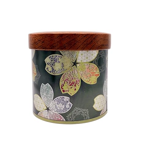 Japanese Tea Caddy with Airtight Double Lid - Dark Green Steel Tea Canister with Sakura Cherry Blossom Design 200g Loose Leaf Tea Tin Matcha & Coffee Storage Jar with PE Seal and Wooden-Effect Cover