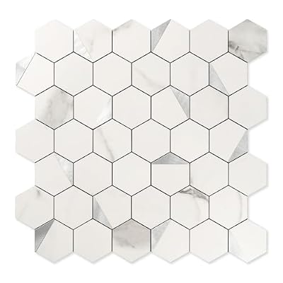 OYASIMI Hexagon Peel and Stick Backsplash for Kitchen Wall,10 Sheets Heat Resistant Stick on Backsplash PVC Smart Tiles, 12'' Gray White Marble Waterproof Peel and Stick Tile for Bathroom
