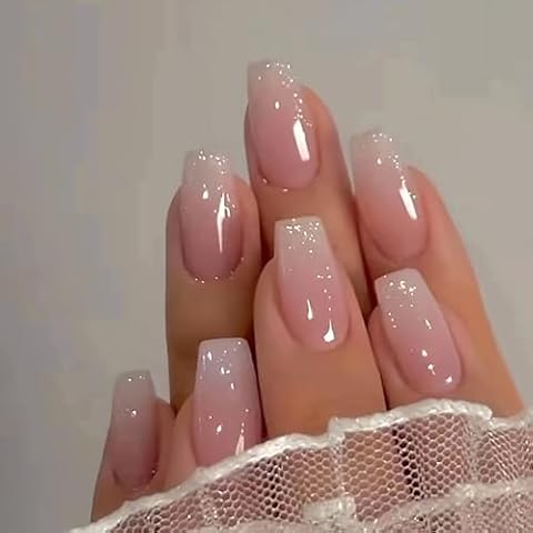 Medium Long Press on Nails Ombre Pink Fake Nails Glossy Glitter Full Cover Glue on Nails Bling Designs Natural Nude False Nails Reusable Artificial Acrylic False Nails for Women Manicure Salon Kit Cover