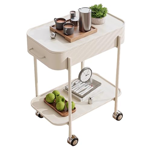KUANGGE Mesa Auxiliar con Ruedas y Tablero Giratorio, mesas auxiliares estrechas con estantes de Almacenamiento, Carrito Grande para Dormitorio (Blanco)