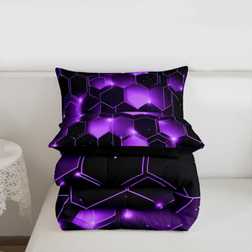 Image of Feelyou Geometrics Honeycomb Comforter Set King Size, Purple Black Beehive Hexagon Comforter for Kids Toddler Geometrical Bedding Set Hexagonal Geometrical Duvet Set Durable Quilt Set King Size