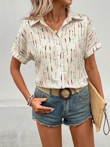 Image of Gufrina Women's Short Sleeve Button Down Shirt with Abstract Brushstroke Print in Beige and Multicolor - Lightweight Casual Summer Top for Relaxed Fit